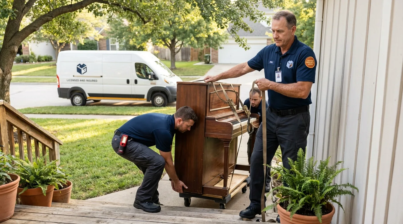Licensed piano movers securing grand piano in New Hampton, IA