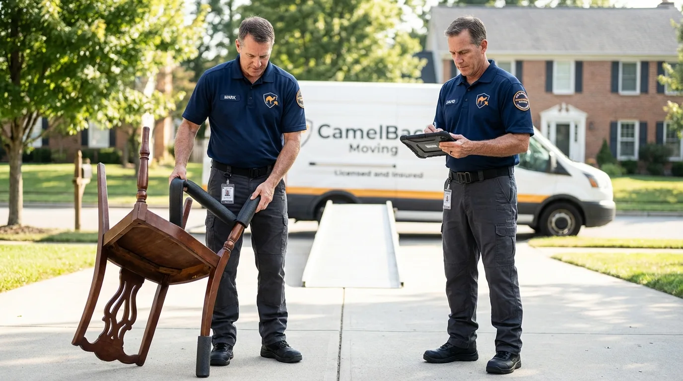 Movers inspecting furniture for damage prevention before loading in New Hampton, IA
