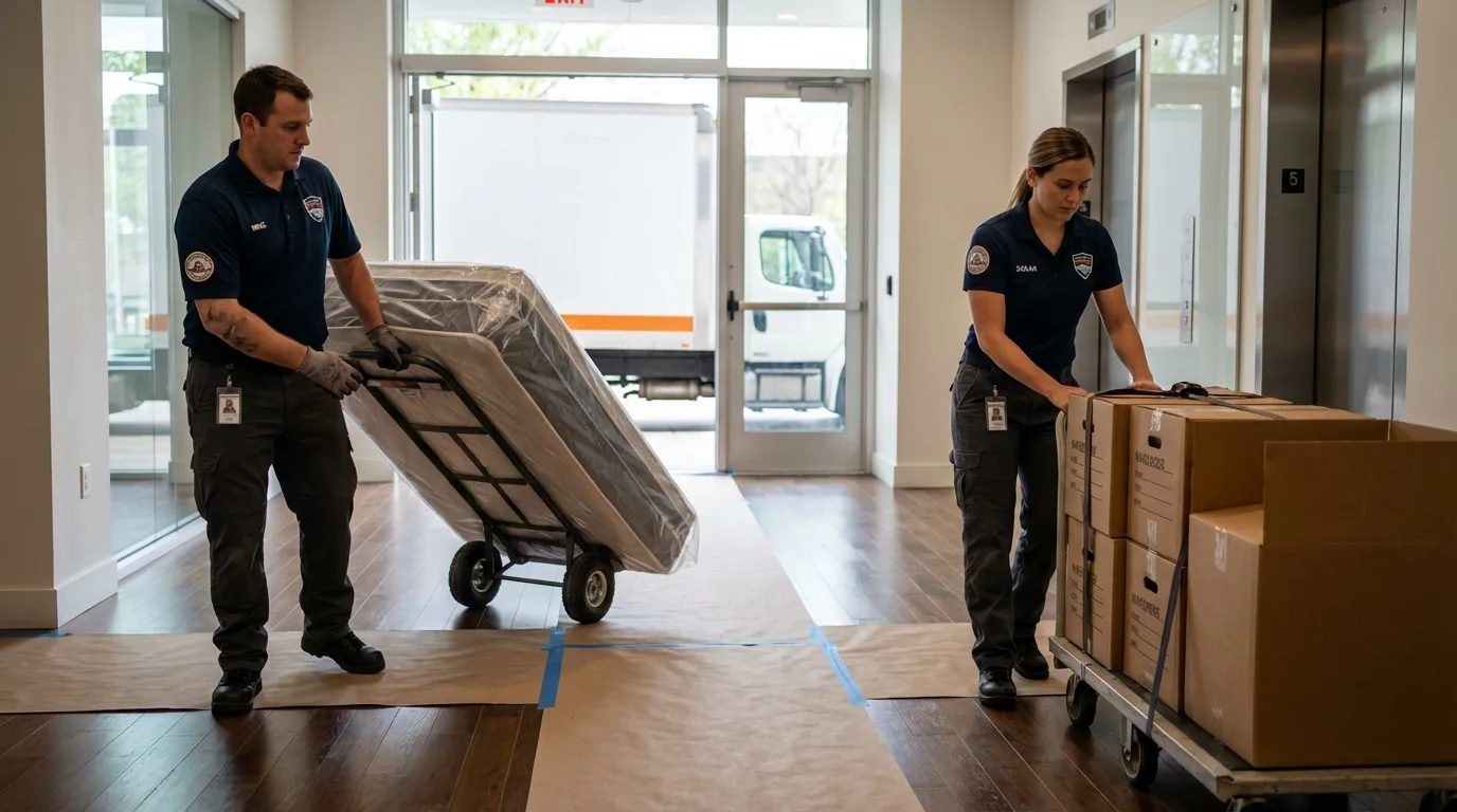 Professional apartment movers loading elevator in New Hampton, IA