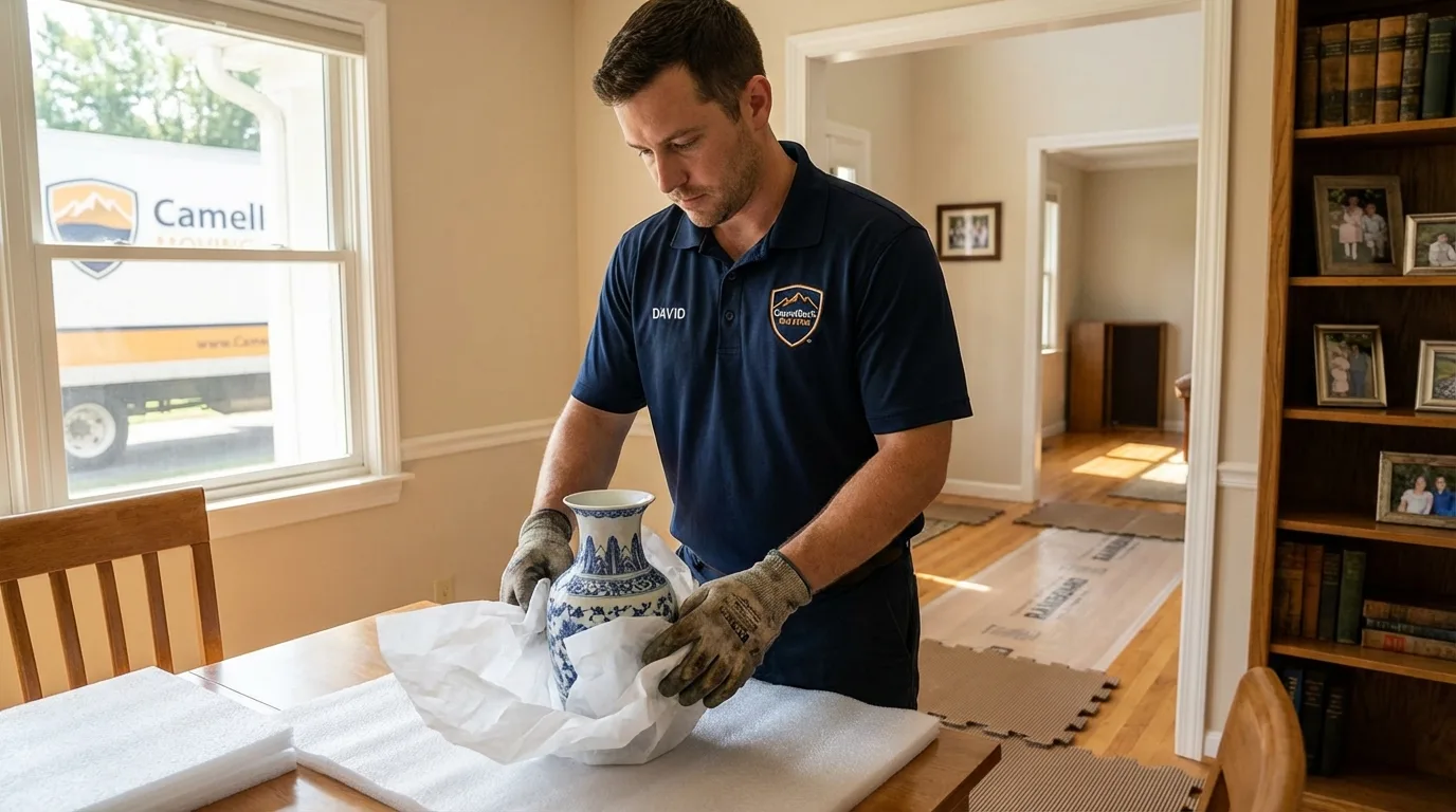 Professional crew carefully wrapping antique vase for senior downsizing move in New Hampton, IA