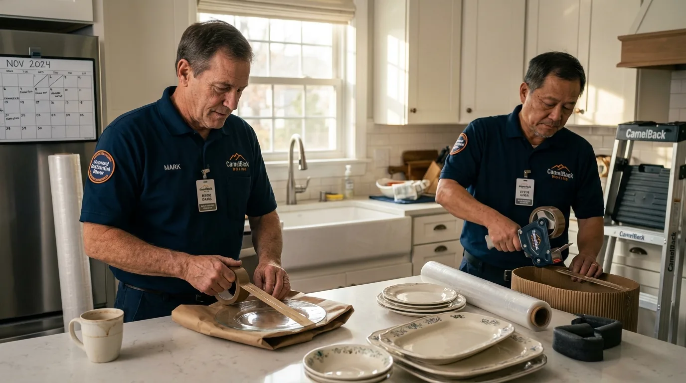 Professional crew packing kitchen dishware in New Hampton, IA